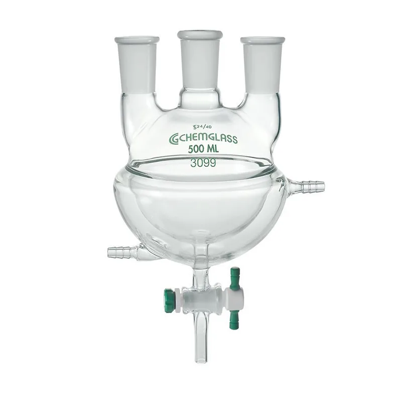 3구 헤비월 자켓식 환저 플라스크, PTFE 콕크 CHEMGLASS DAU-FFLASNHB